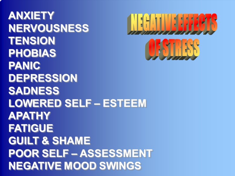 8-Dec-17 16 ANXIETY  NERVOUSNESS TENSION PHOBIAS PANIC DEPRESSION SADNESS LOWERED SELF – ESTEEM